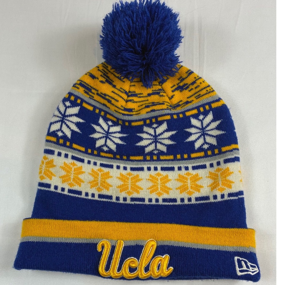 New Era UCLA Bruins Beanie Hat Adult OSFA Blue Gold Snowflake Knit Pom Cap Used